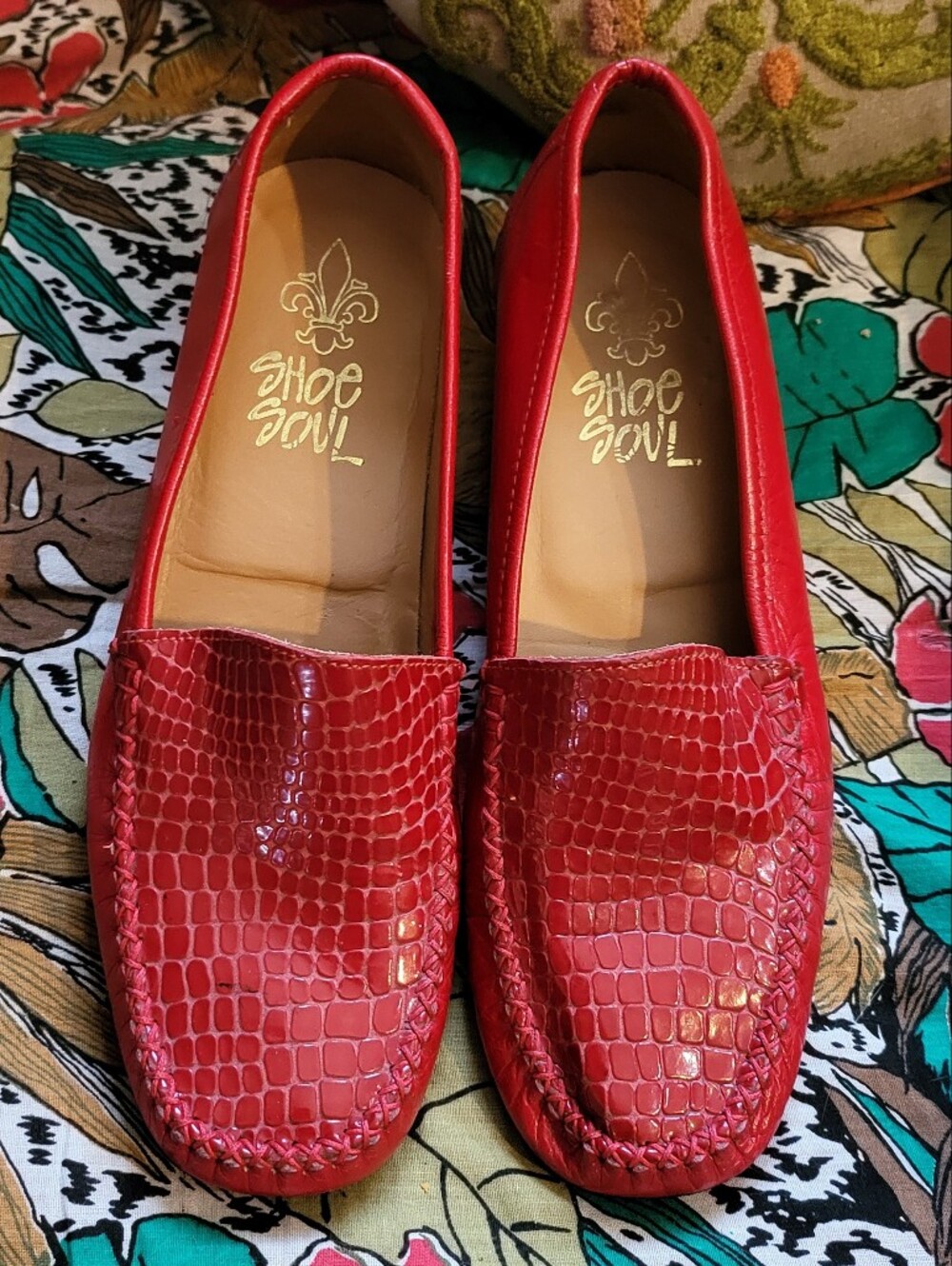 Shoe Soul Italian Genuine Leather Vintage Loafers Red Reptile Embossed Size 37